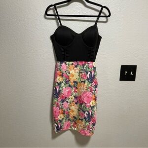VTG AltB Black & Floral Mini Dress w Adjustable Spaghetti Straps LARGE